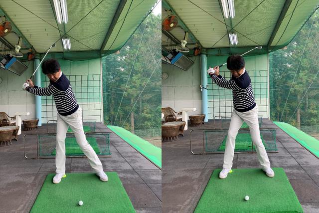 画像: 画像A 右のかかとで半分に切ったテニスボールを踏むとテークバックで体のブレを抑えしっかりと右足に加重できる