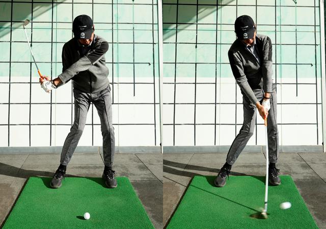 画像: 腰の位置で止める動作を2回繰り返し3回目で下半身をインパクトまで回転させることでしならせたシャフトの力を開放しインパクトでは逆しなりする感覚が体感できる