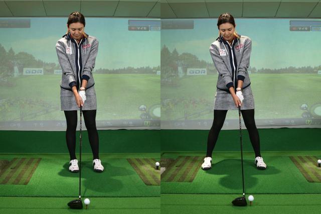 画像: 両足を揃えた状態から左足を靴一足ぶん開き(左)、右足は肩幅よりやや広めになる程度まで開こう(右)。このとき、ボールが左足内側の延長線上にあるのが正解だ