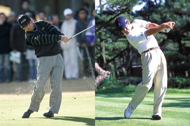 画像: 日本男子ツアーのロゴに描かれたフォローを取るゴルファーのシルエットは中嶋常幸(左、写真は2006年)と伊澤利光(右、写真は2001年)をモデルにデザインされたという