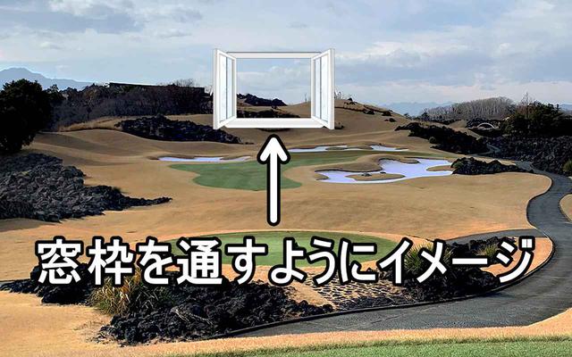画像: 曲り幅が大きくなることを考えてフェード系が持ち球であればセンターより左目を狙っていこう。そのときに空中に窓枠をイメージして、そこを通すように打つことでターゲットに対して構えやすくなると中村はいう