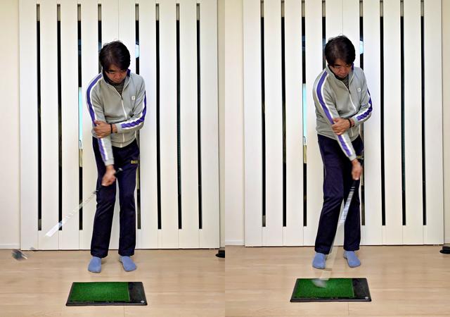 画像: SWの片手打ちはカット軌道を修正しハンドファーストインパクトを実現する効果があると中村