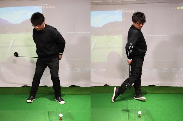 画像: 正しいハンドファーストでインパクトする感覚をつかむための練習法。グリップをお尻にくっつけたままスウィングの動きをすることで正しい下半身の使い方が身に付く