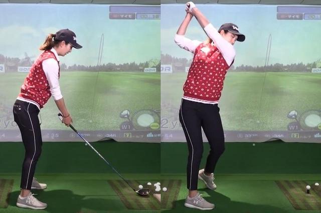 画像: 高島の飛距離に特化したドラコン用スウィング。ラウンド時のスウィングより少し体を起こし気味に構えて(左)、左足をヒールアップさせて上半身をさらに深く捻っている(右)