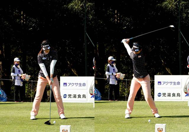 画像: 画像A オーソドックスなスクェアグリップで握り(左)コンパクトだが背中はターゲットに向き 捻転は深い(右)