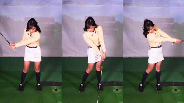 画像: コンパクトなトップでスウィングする際のハーフウェイダウンからフォローにかけて。手首の角度はインパクトでは保ったまま、フォローにかけて柔らかく解放していく