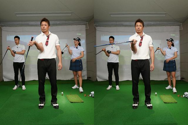 画像: ドライバーを片手で持ちつつ、手首を回すストレッチ。持ち手側のひじをわき腹にくっつけた状態で、なるべくヘッドを体の近くで回すことを意識しながら行おう