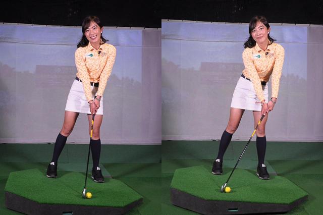 画像: 写真A:左のように、フェースを打ち出し方向に向けた状態でグリップエンドが左股関節の内側を指す位置にボールを置くのが正解。右のようにボール位置が右寄り過ぎるとアーリーリリースやあおり打ちの原因になってしまう