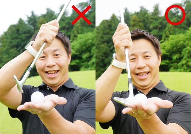 画像: 画像A ダウンブロー(左)はロフトが立ちボールが強く出てしまうので右のように横からややアッパー軌道で打つと柔らかく打ち出せると堀口宜篤プロ