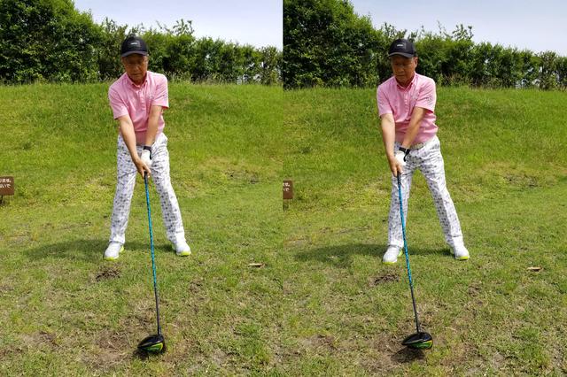 画像: アドレス(左)からテークバック(右)の動き。ヘッドを接地したまま手元を先行して動かしている