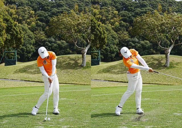 画像: 画像C 左手の甲がターゲットに向き左腕とクラブが一直線になるインパクト(左)、フォローまで長いインパクトゾーンで打つ(右)(写真2021年のヤマハレディースオープン葛城 写真/姉崎正)