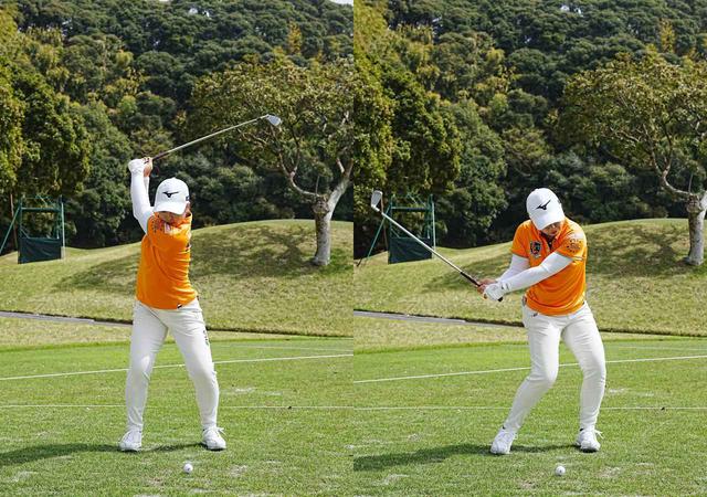 画像: 画像B:手首の動きが少なく、クラブがコンパクトに収まるトップから、手元と体の距離を保ちつつダウンスウィングへと移行していく(写真2021年のヤマハレディースオープン葛城 写真/姉崎正)