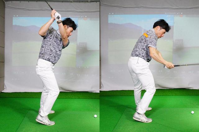 画像: 右つま先体重でバックスウイングすると腰が回らず手元がアウトサイド側に上がり(左)、カット軌道の原因になってしまう(右)