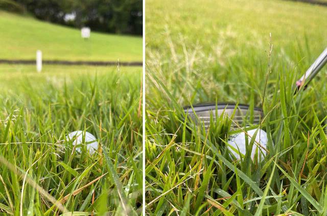 画像: 写真のように沈んでいるように見えても、実はボールの下には空間があります。打ち込んでしまうとフェースの上っ面に当たるので、横からトップ気味で打つような気持ちでちょうどいいです
