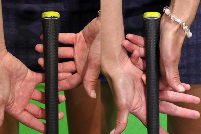 画像: 手首を使いたいときは指先の第一関節でゆるめに握り(左)、手首の動きを抑えたいときは第二・第三関節まで深く強めに握っているという(右)