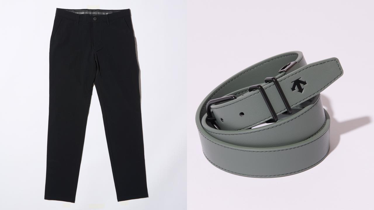 画像: 写真左:ポロシャツと同様のシャウフェレコレクションのパンツ。腰周りにメッシュを配するなど機能性抜群 写真右:ポロシャツと同系色のベルトを入れることで一層まとまった雰囲気に。