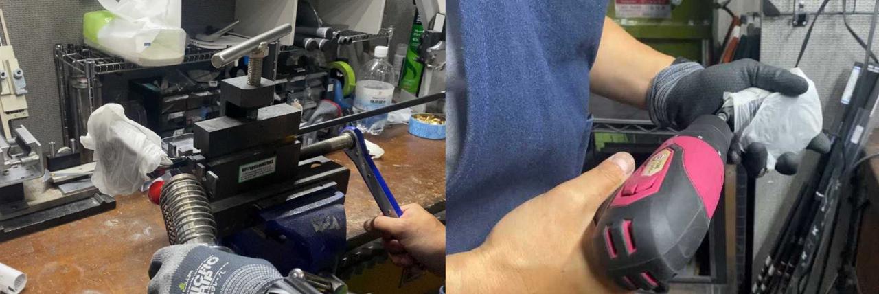 画像: ヒートガンでネック部を熱してシャフトを抜きます。その後、ホーゼル内に接着剤が残らないようドリルでしっかり掃除をします