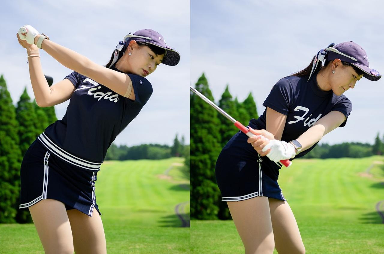 画像: 切り返しで手をボールの方向に動かす（前に出す）と、クラブがリリースしようとする力を促進してしまい、「タメ」がほどける。手を真下に向かって下ろすと、ヘッドが背中側にとどまろうとするため、タメがほどけにくい