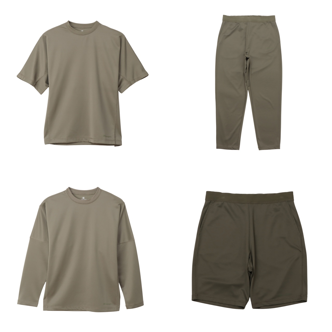 画像: 左から反時計回りにショートスリーブTシャツ 、ロングスリーブTシャツ 、ロングパンツ 、ショーツ(カラーはすべてオリーブ)