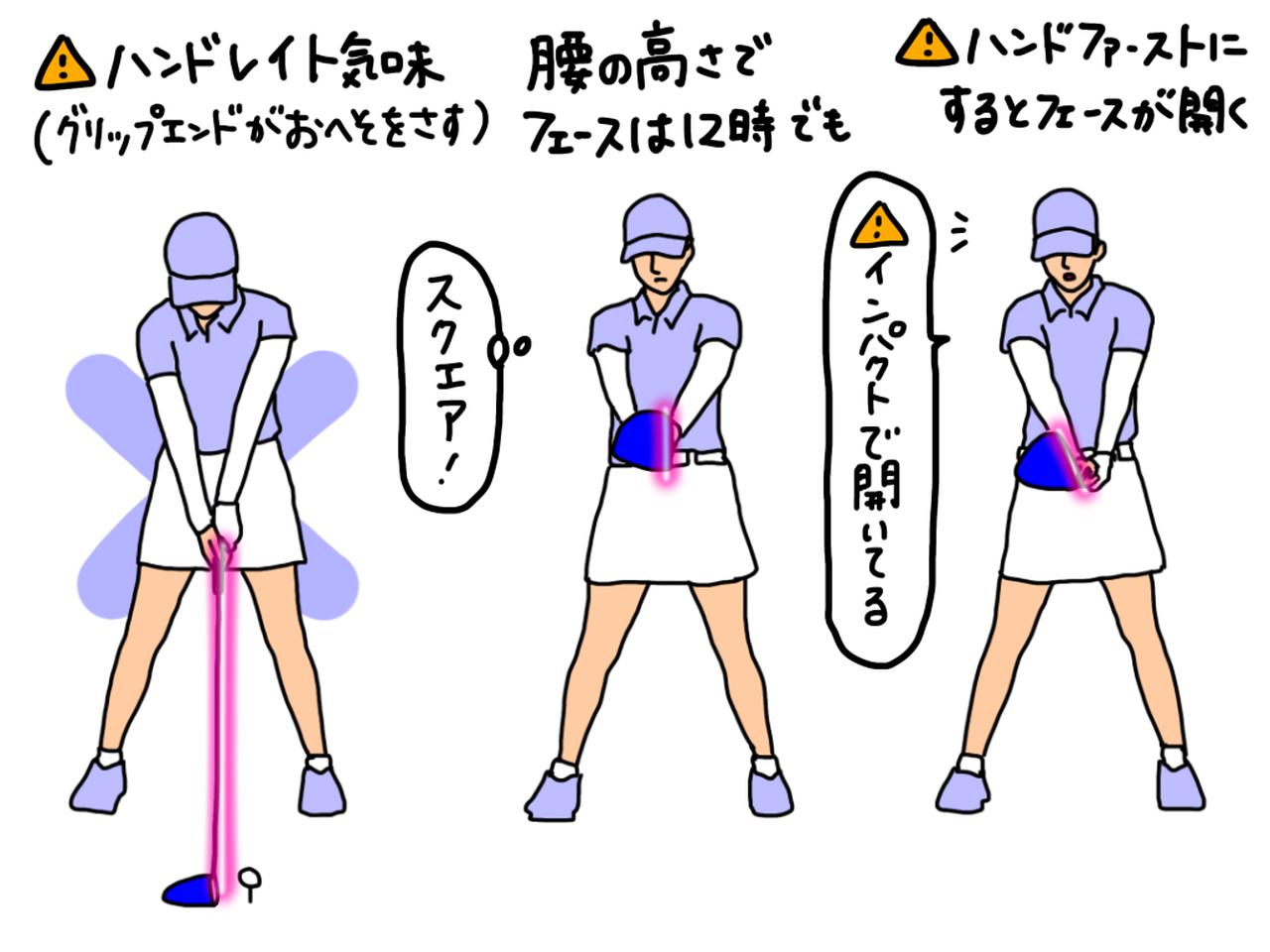 画像: ハンドレイト気味に構えているゴルファーがハンドファーストでインパクトを迎えようとすると、フェースが開いてボールがつかまらなくなる