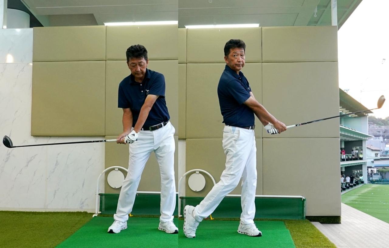 画像: トップから左サイドに体重を乗せてから体を回転させる