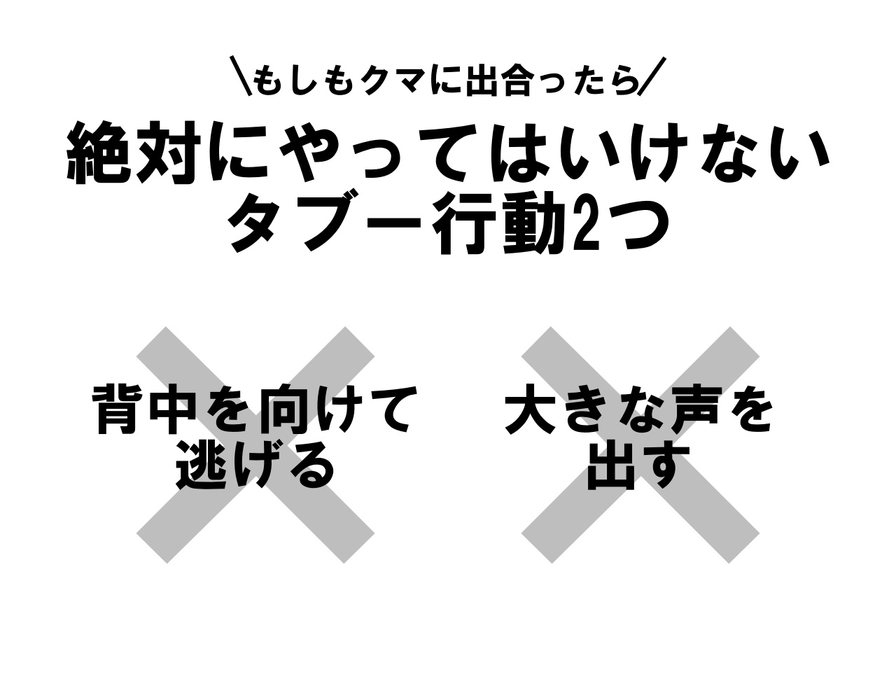 画像: 大きな声を出すとクマをパニックにさせてしまい襲われる可能性が高くなるという。また、背中を向けて逃げると走るものを追いかけるクマの習性を刺激してしまうほか、クマから視線を外すことで、クマの様子がわからず、襲われたときに対応できなくなってしまう