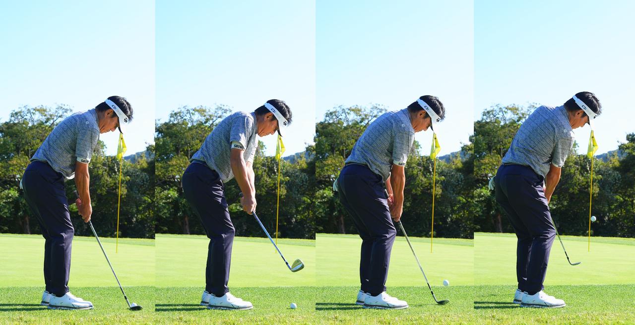 画像: トウ側のソール後方を滑らせるイメージで打つ