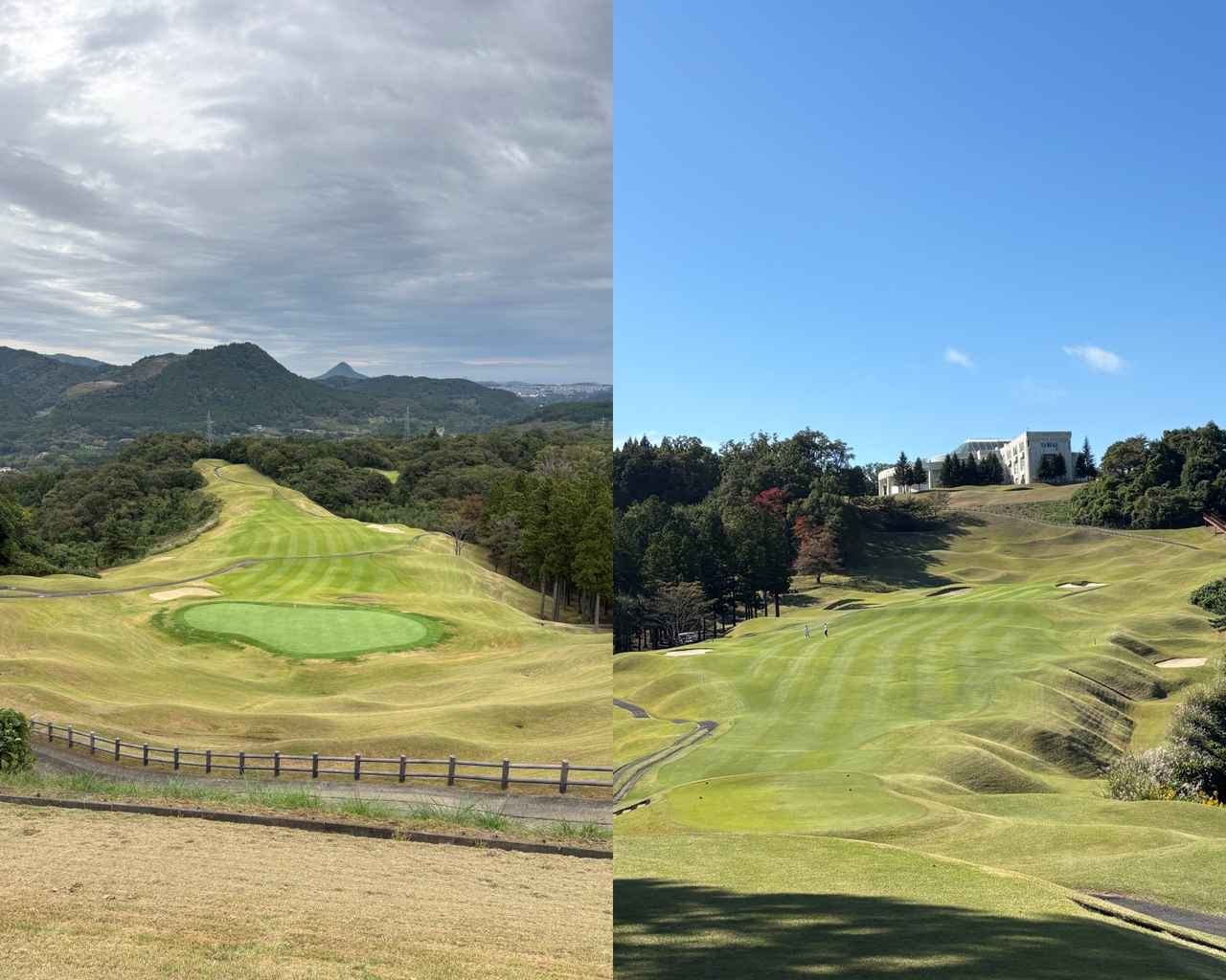 画像: 左／グレースリッジカントリークラブの9番ホールをクラブハウスのある高台から見る。右／グレースリッジカントリークラブの9番ホールをティーイングエリアから見る
