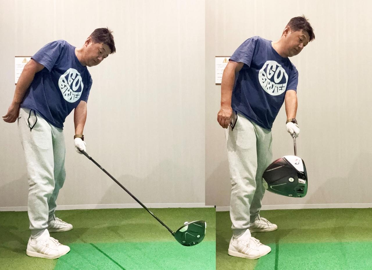 画像: （左）前傾角度やクラブと腕の角度をできる限り変えずにバックスウィングする。（右）フェースが開いてしまうと、それを閉じる動きが必要になってしまう