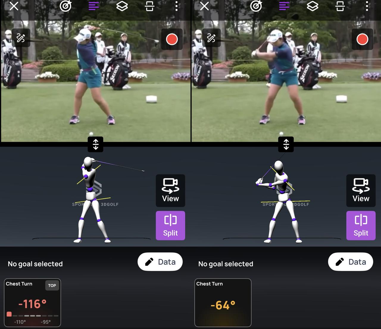 画像: 画像②トップと切り返しの比較/トップで胸の回転が深く、切り返しでも胸は開いていない