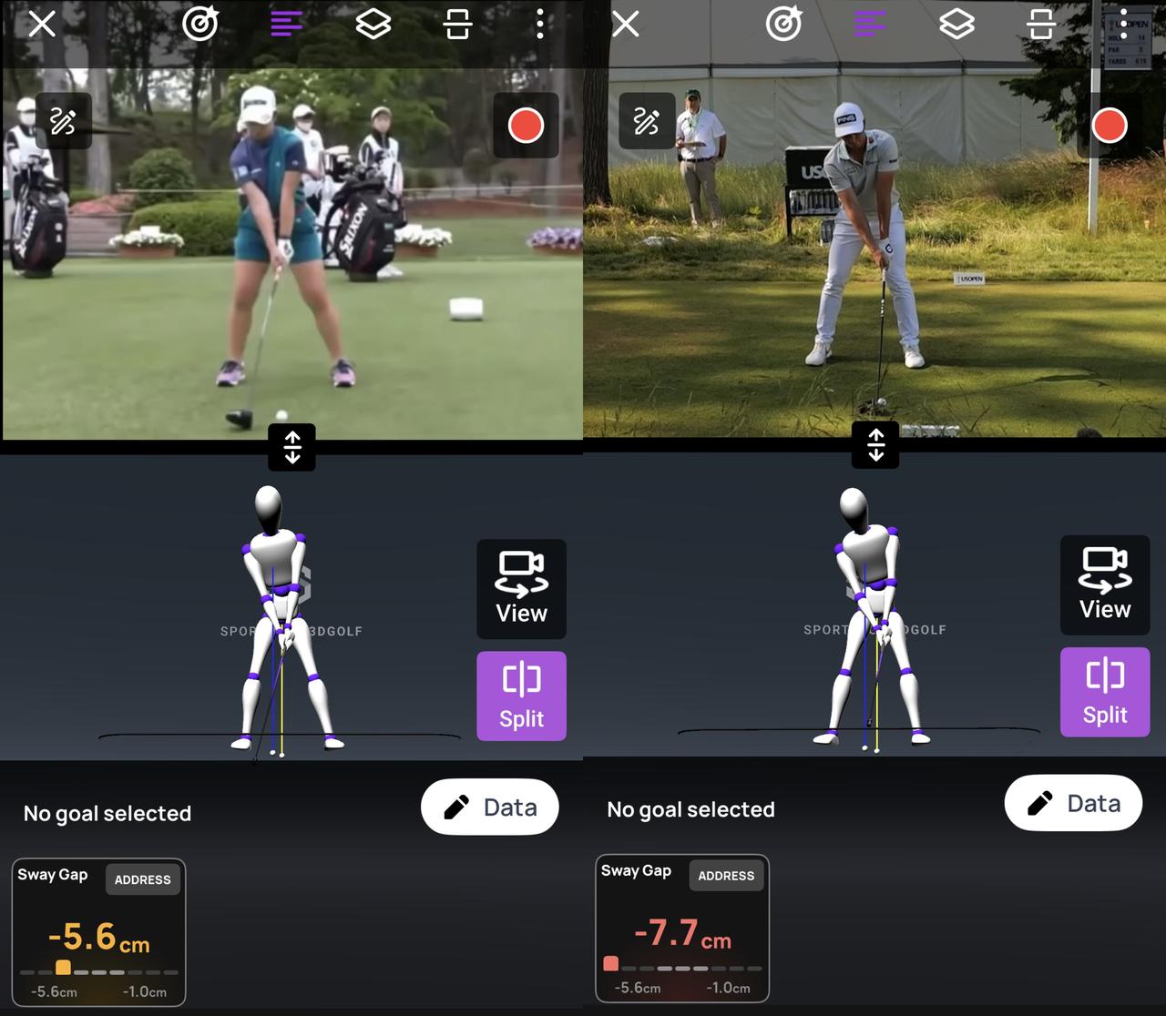 画像: 画像①山下選手(左)とホブラン(右)の比較/両者とも右手をストロンググリップで握って、胸と骨盤の左右差が大きいアドレスを作っている