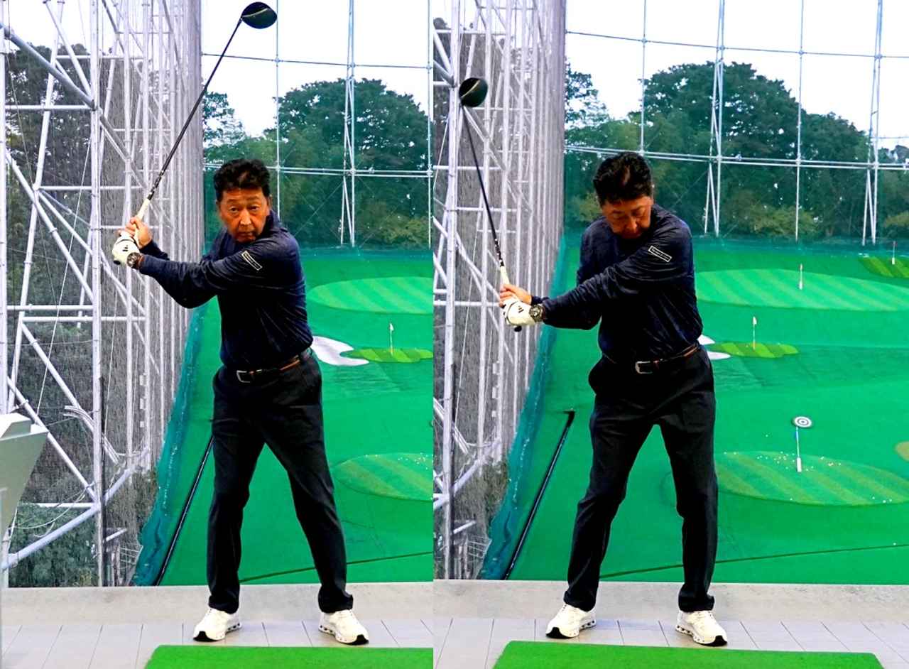 画像: トップから切り返しの9時以降の動きについて。左サイドへの体重移動から始める