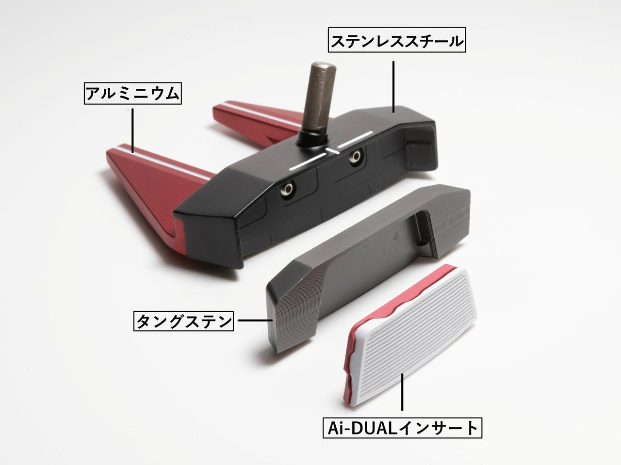 画像: ヘッド後方の赤い部分は軽量化のためにくぼみも入れられたアルミニウム、黒いボディはステンレススチール、そしてインサートを包み込むように大きなタングステンが配され、ヘッド重量の約80%がフェース側に集中している