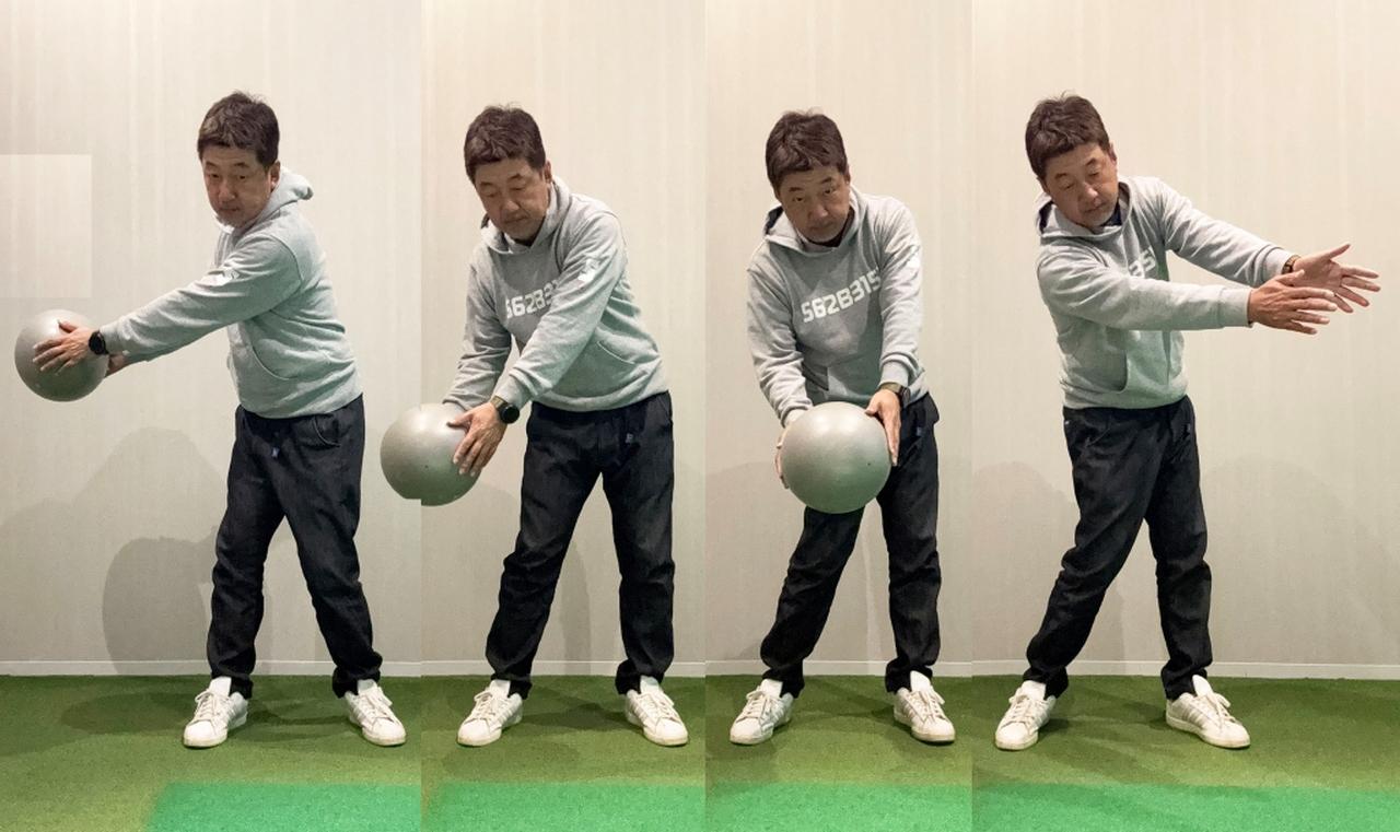 画像: 実際にボールを右に投げてみると、胸が開かず勝手に上下の回転に時間差が生まれました