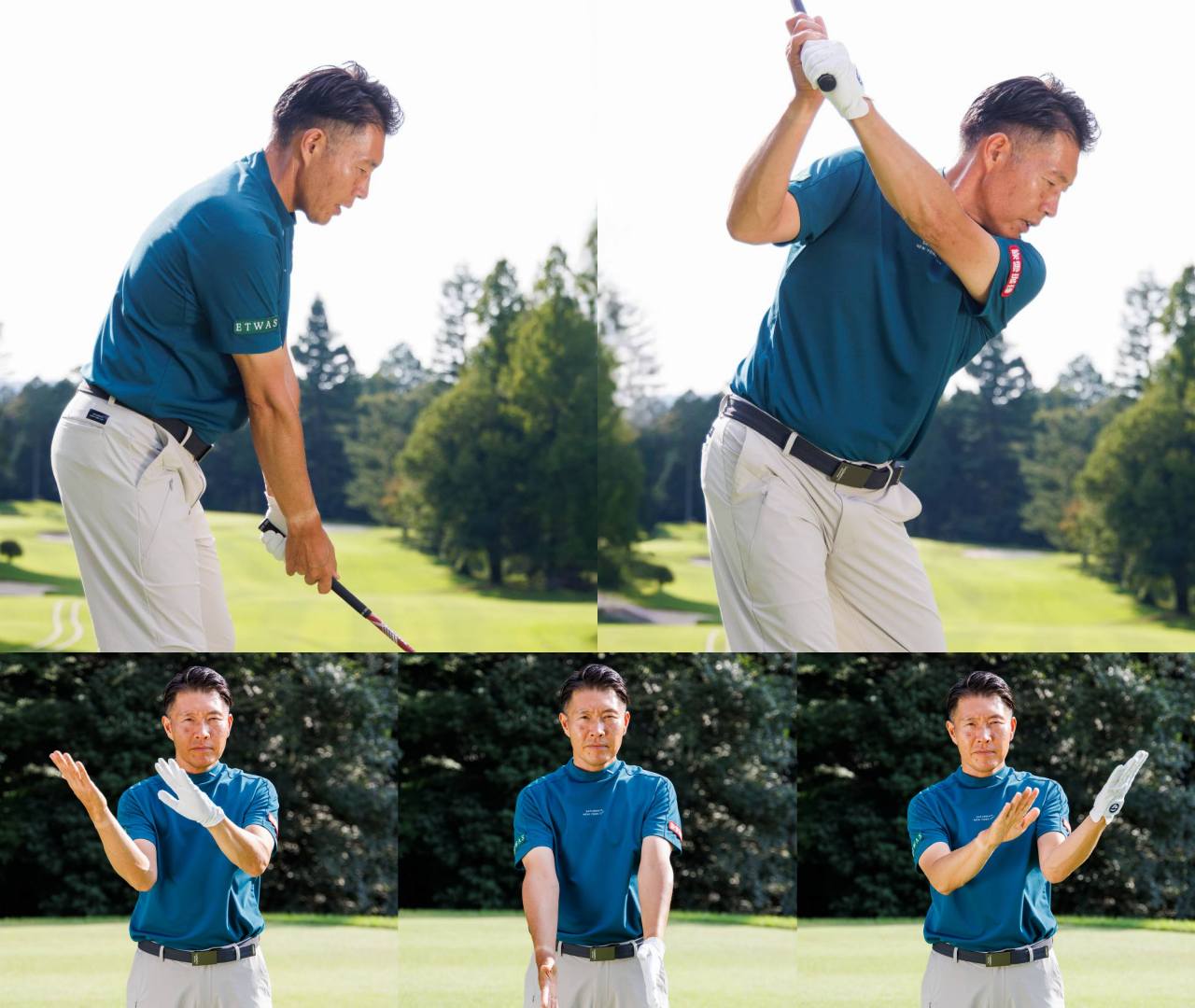 画像: 両手のひらを向かい合わせにして腕を下げたところから、ひじを曲げて手を右肩方向に上げるのがテークバック。一度おろして左肩方向に上げるのがフォロー。これが「たて振り」の土台