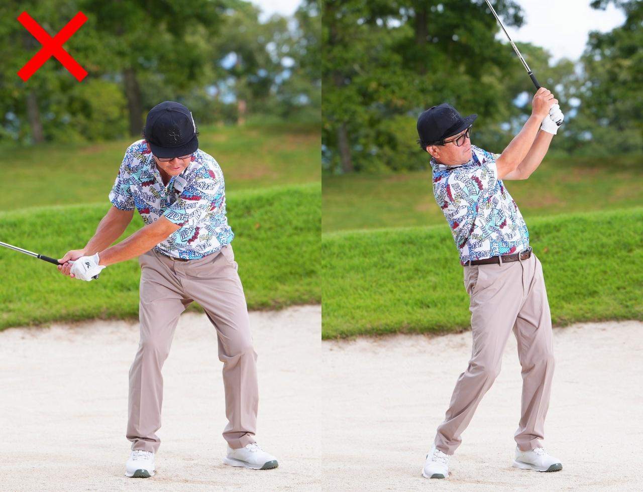 画像: 球を上げようと、バックスウィングを小さく、フォローを大きく振ると、ダフリもトップも出てしまう