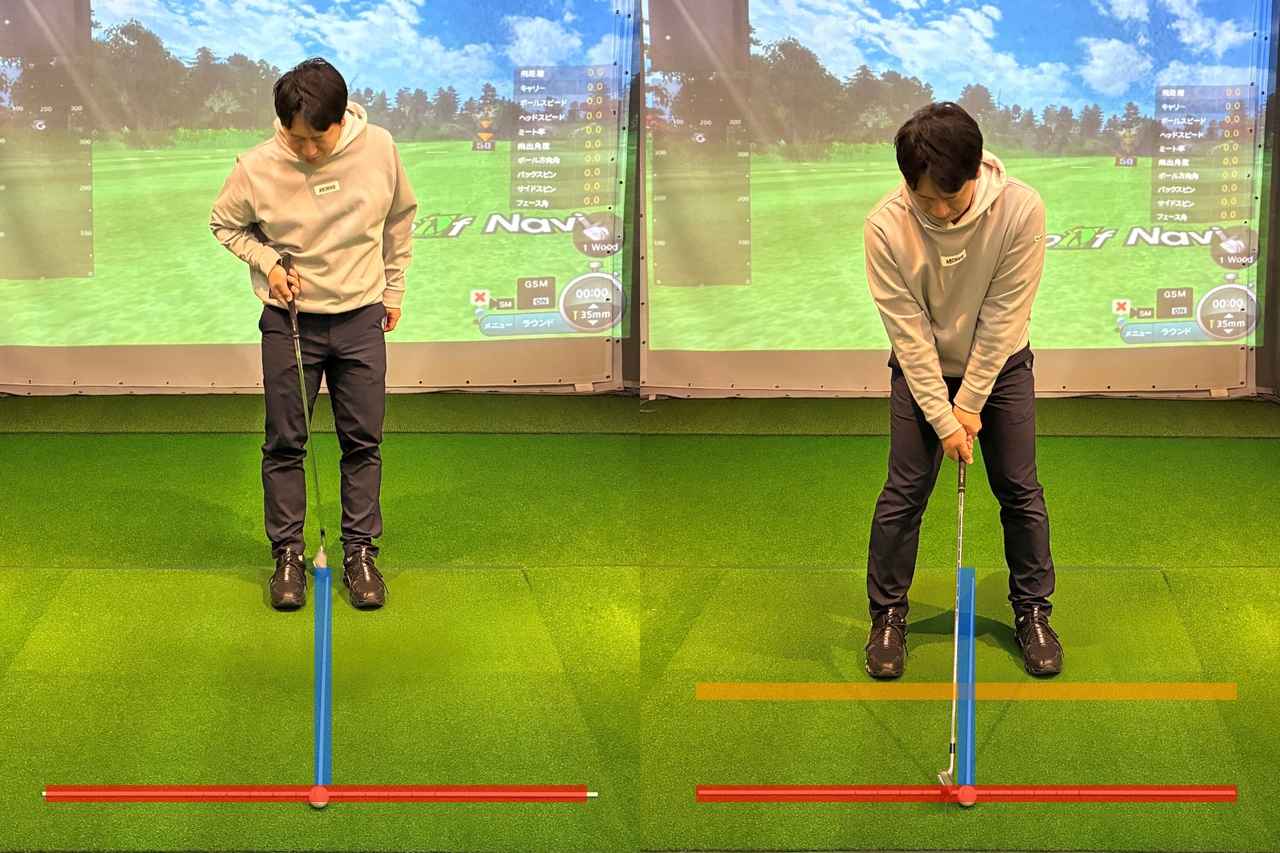 画像: 写真A：赤い線がターゲットライン。青い線が、ボールを基準としてターゲットラインに対して垂直に伸びる仮想線（青い線）、黄色の線がスタンスライン。青い線を基準に立ち位置を決めれば、スタンスラインはターゲットラインに沿う形になる
