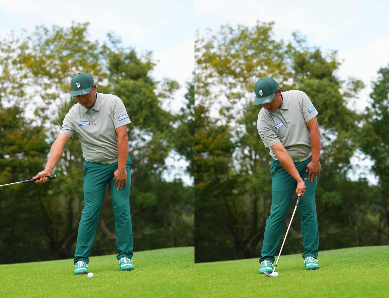 画像: 左足上がりで傾斜に逆らって構えると、ヘッド軌道の鋭角の度合いが強くなり、刃が刺さりやすくなる