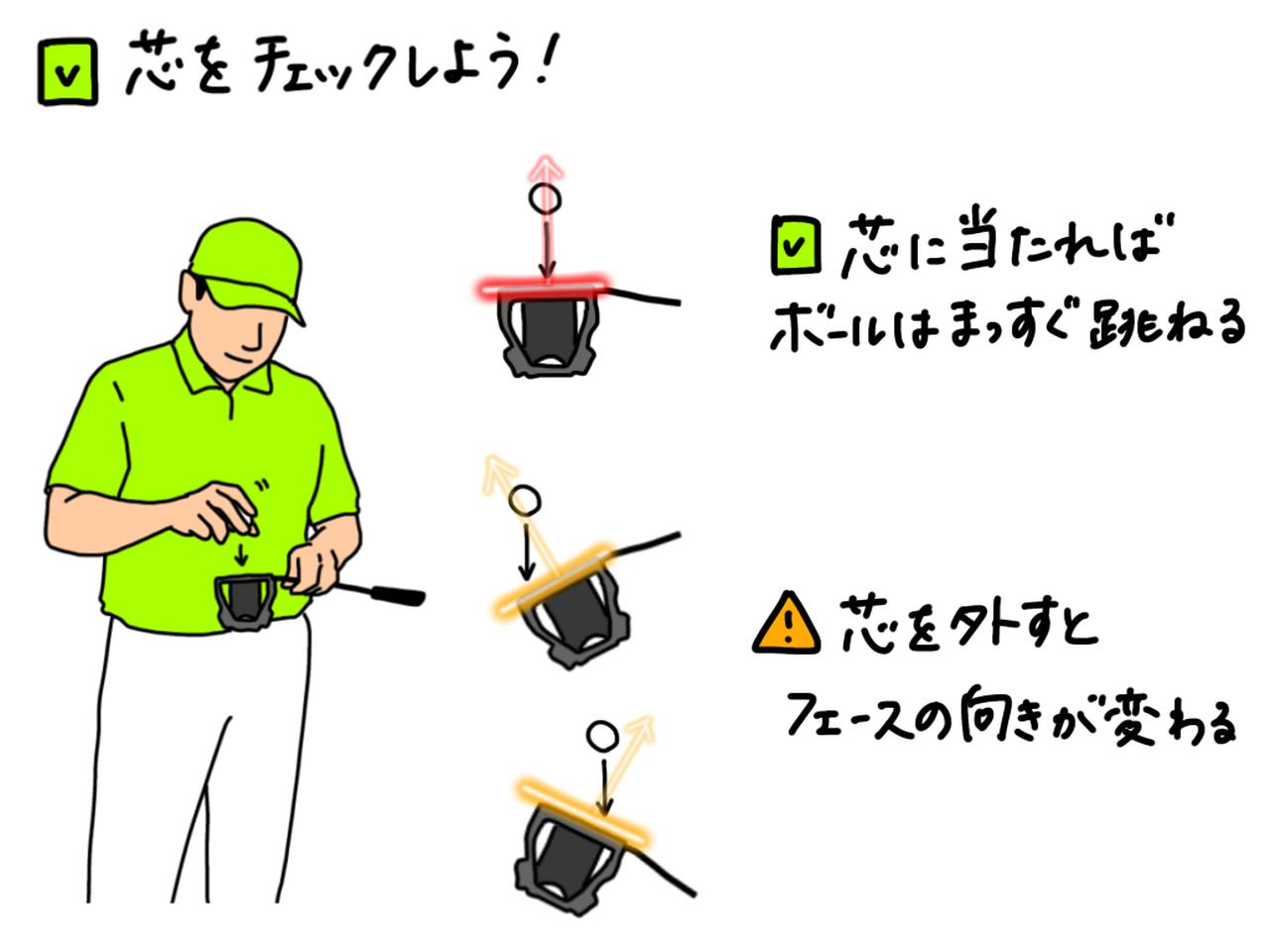 画像: イラストのように、ボールをフェース上で軽く跳ねさせて、自分のパターの芯がどこにあるかをチェックしよう