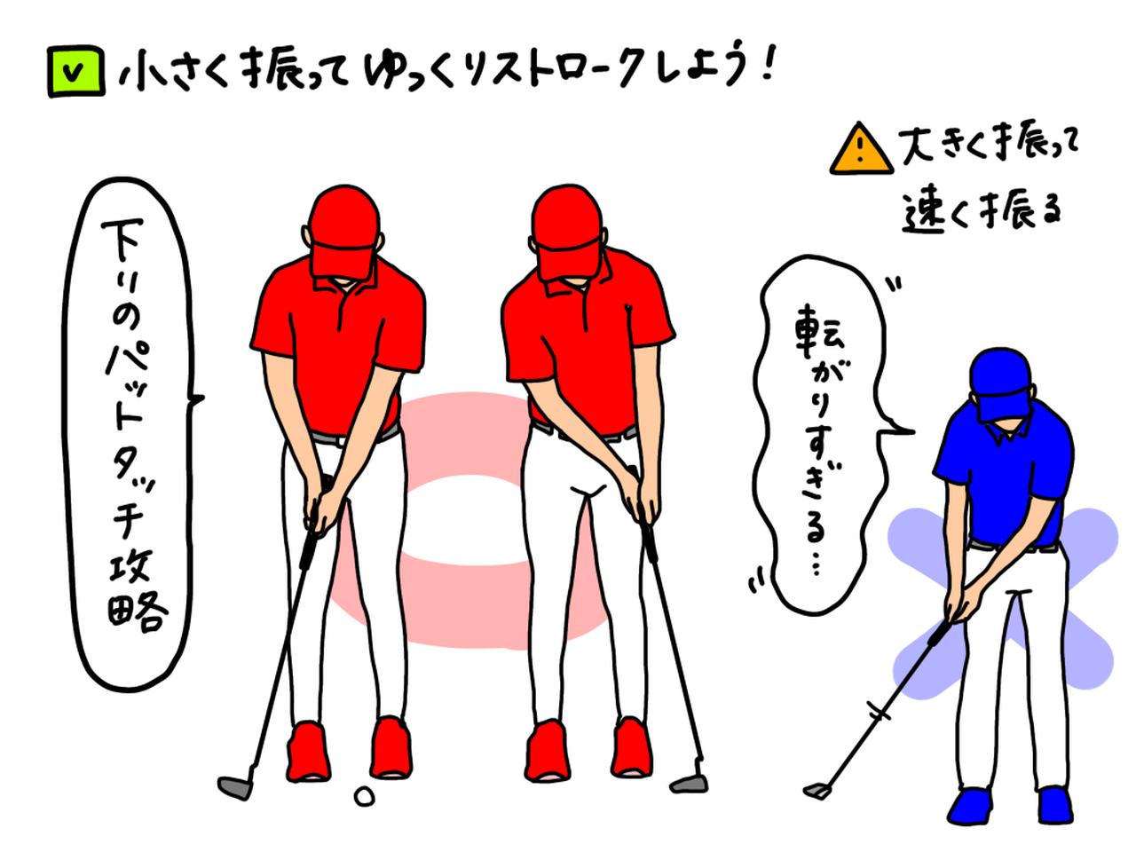 画像: 下りのパットでは小さい振り幅でゆっくりストロークするのがコツ。振り幅が大きすぎたりストロークのリズムが速いと転がりすぎてしまう