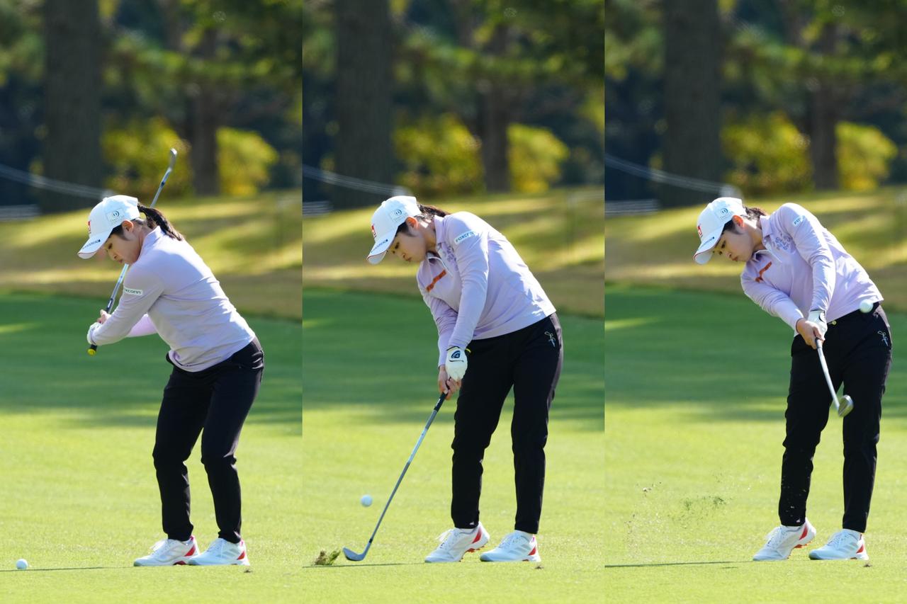 画像: 腕を回転させずにインパクト付近で体の回転を止めずに振り抜く