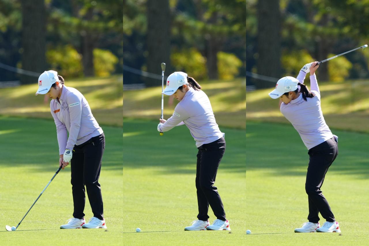 画像: 左手の甲が見えるストロンググリップで握りフェースを開かずにテークバックする