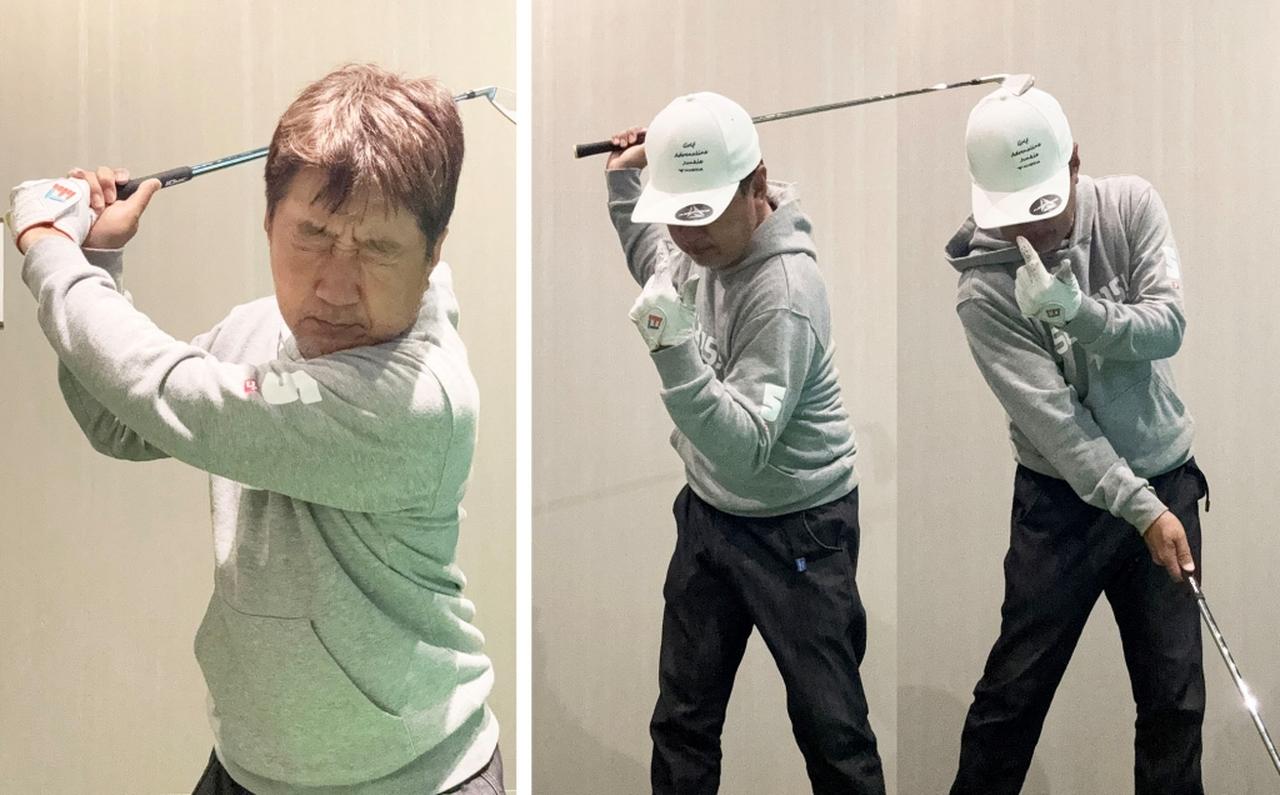 画像: （左）目をつぶって素振りをしてみる。（右）帽子のつばが暴れないように意識する