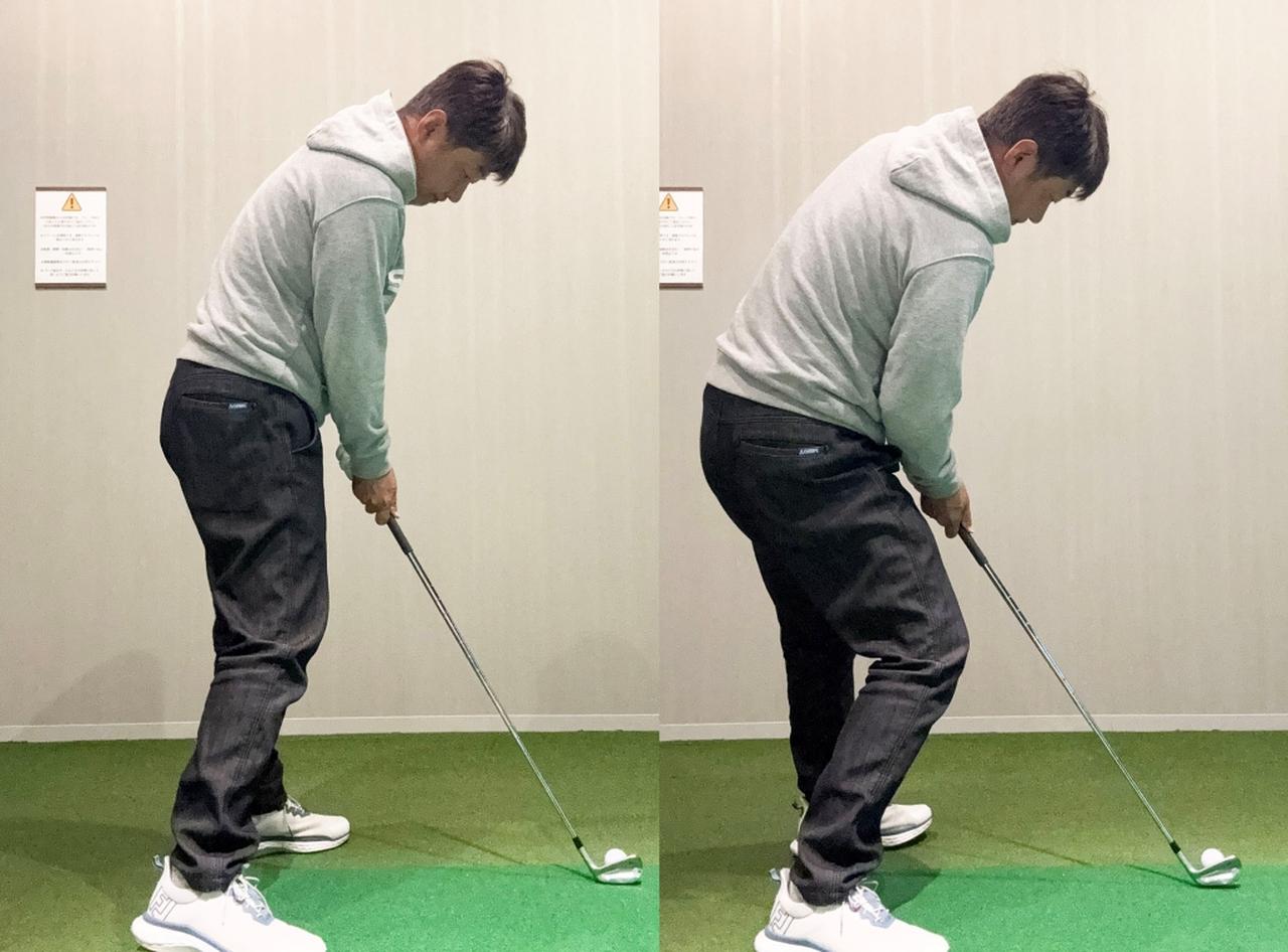 画像: （左）つま先を下げるように底屈すると右ひざが伸びて右サイドの高さが保てる（右）アマチュアは右足首が背屈してしまい右ひざが前に出て、右肩が下がる
