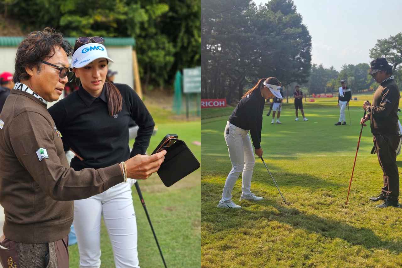 画像: 写真左/アドレスを後方から撮影して向きのズレを本人に確認させる片山、写真右/高麗芝の中にティフトン芝が紛れている宮崎CC 。「ティフトンからは特別な打ち方があるんです」