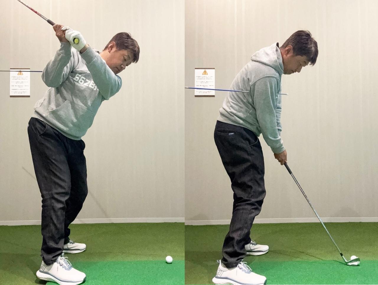 画像: 右わきにアライメントスティックを挟んでスウィングしてみましたが、本来はもう少し短いもののほうがいいようです