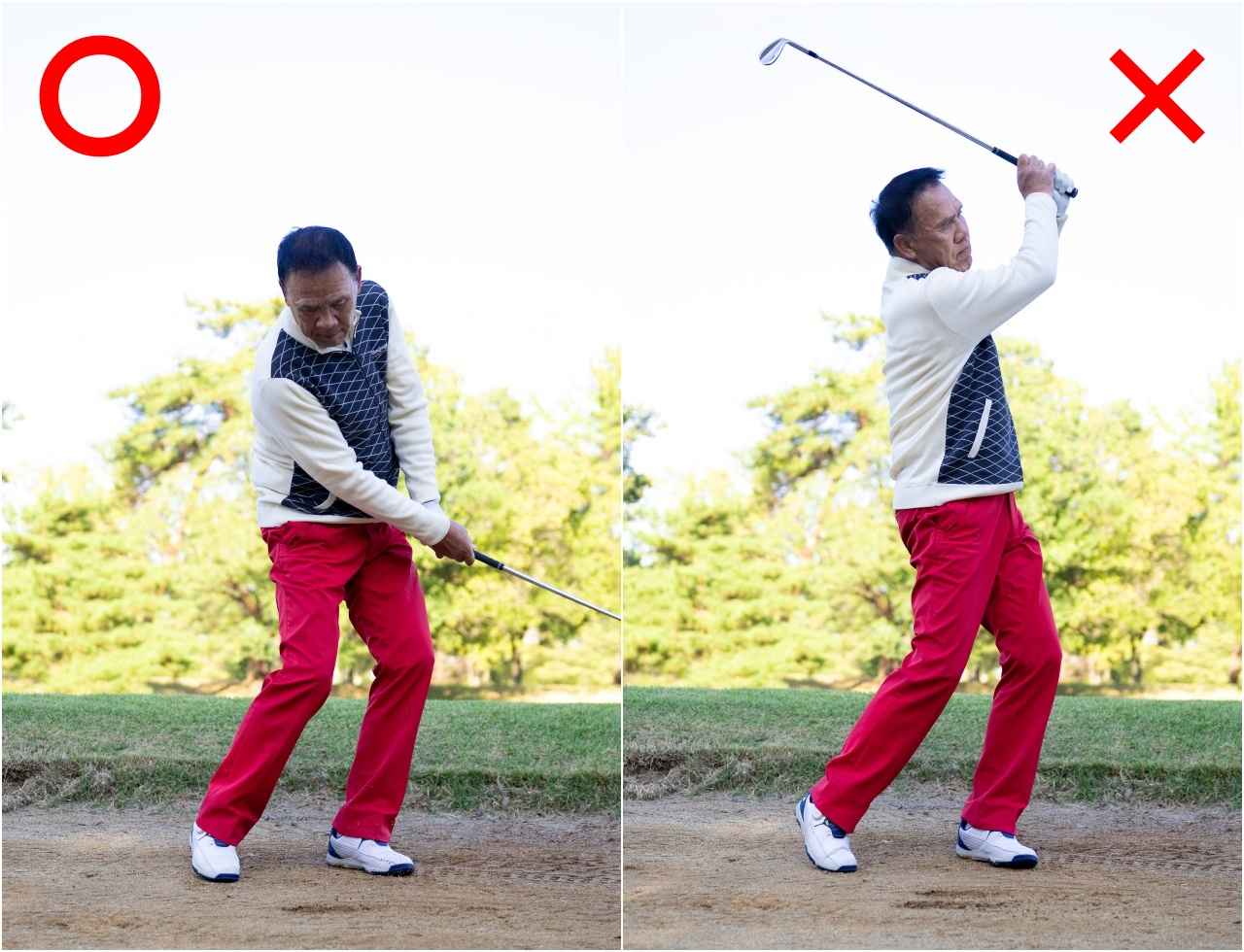 画像: フォローは写真左くらいで十分。写真右のようなフォローは球を上げようとしており、地面に弾かれやすい