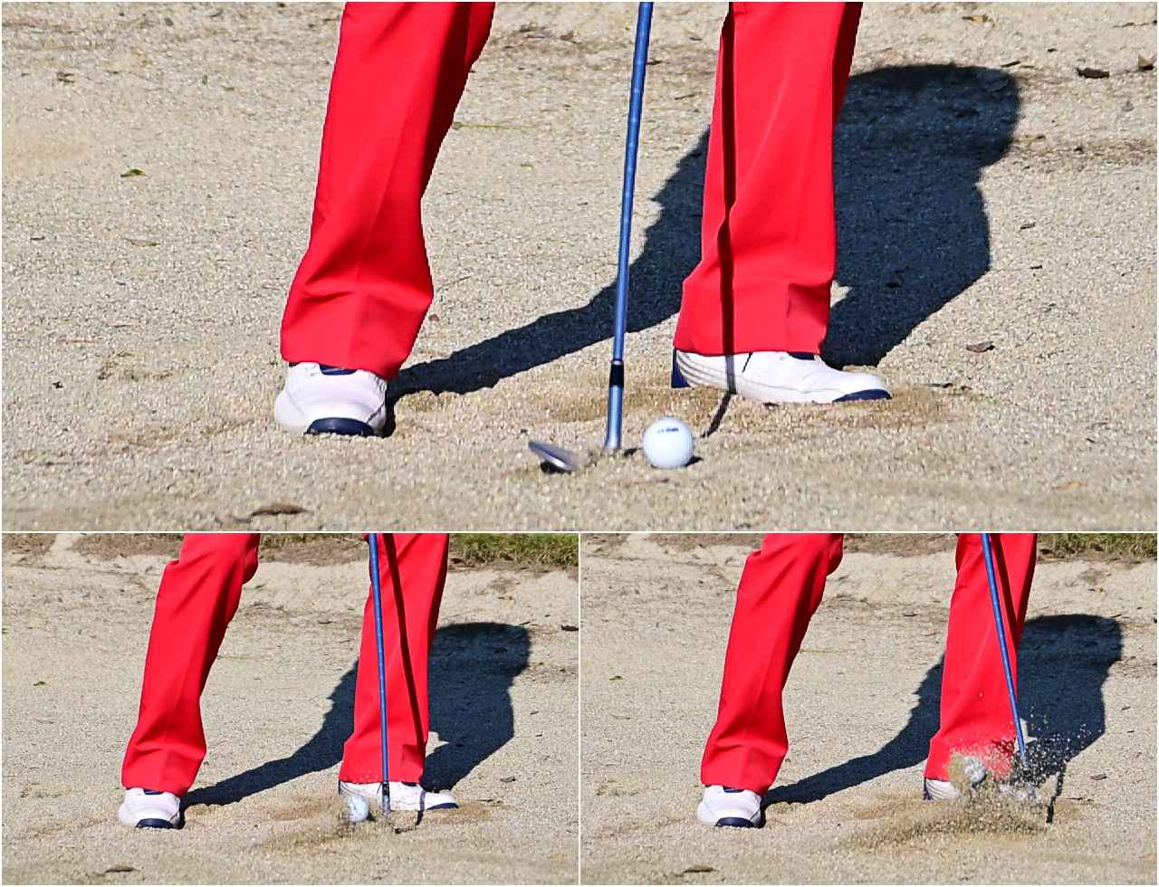 画像: 実際のインパクトはこちら。ソールを砂の面に当てていくイメージが大事