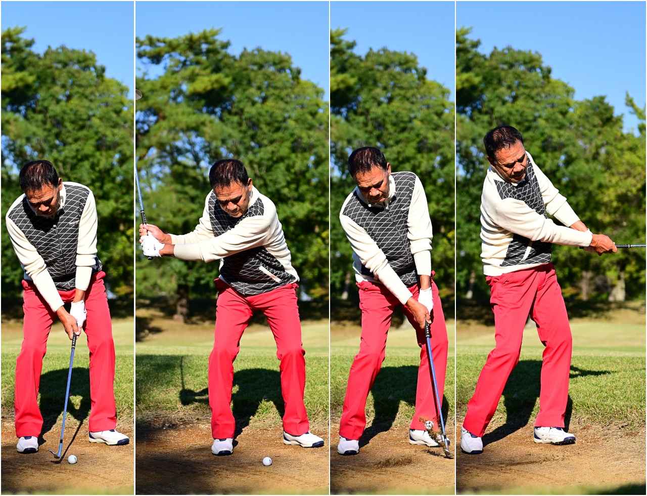 画像: ハンドファーストに構え、コックを使ってタテに上げる。エッジで砂を削るインパクトで、フィニッシュを小さく抑えよう