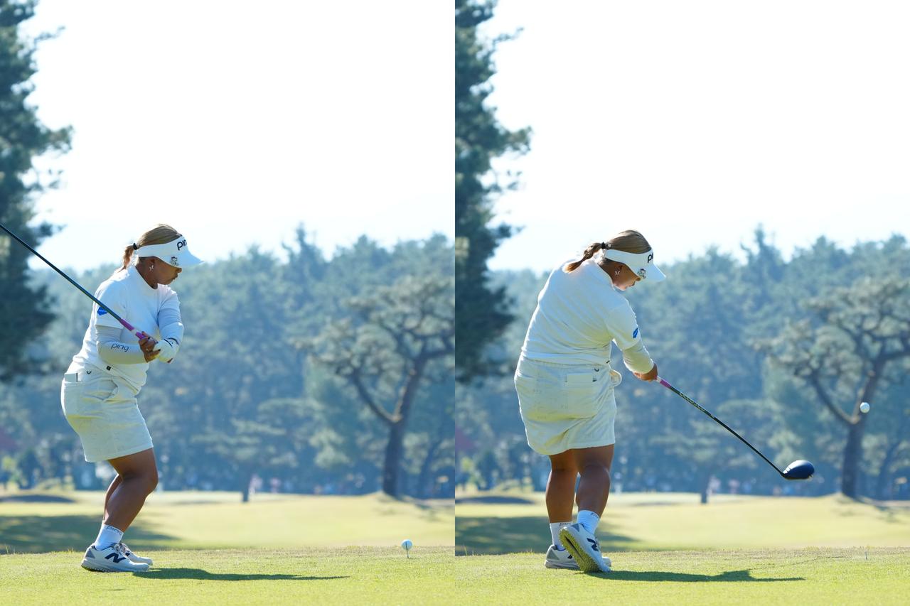 画像: スウィングプレーン上に下りて来たクラブがインサイドアウトではなく真っすぐに振り抜けている